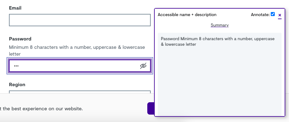 info panel reveals that the form's label and associated information are associated programmatically to the input being hovered